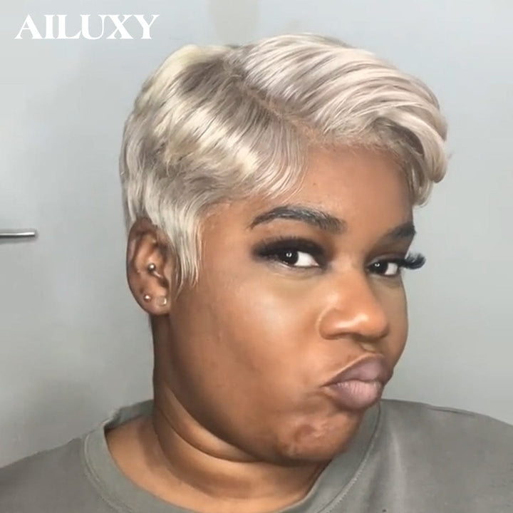 AILUXY Perruque 13x4 Lace Front Naturelle, Cheveux Humains Courts et Doux, Couleur Blond Cendré