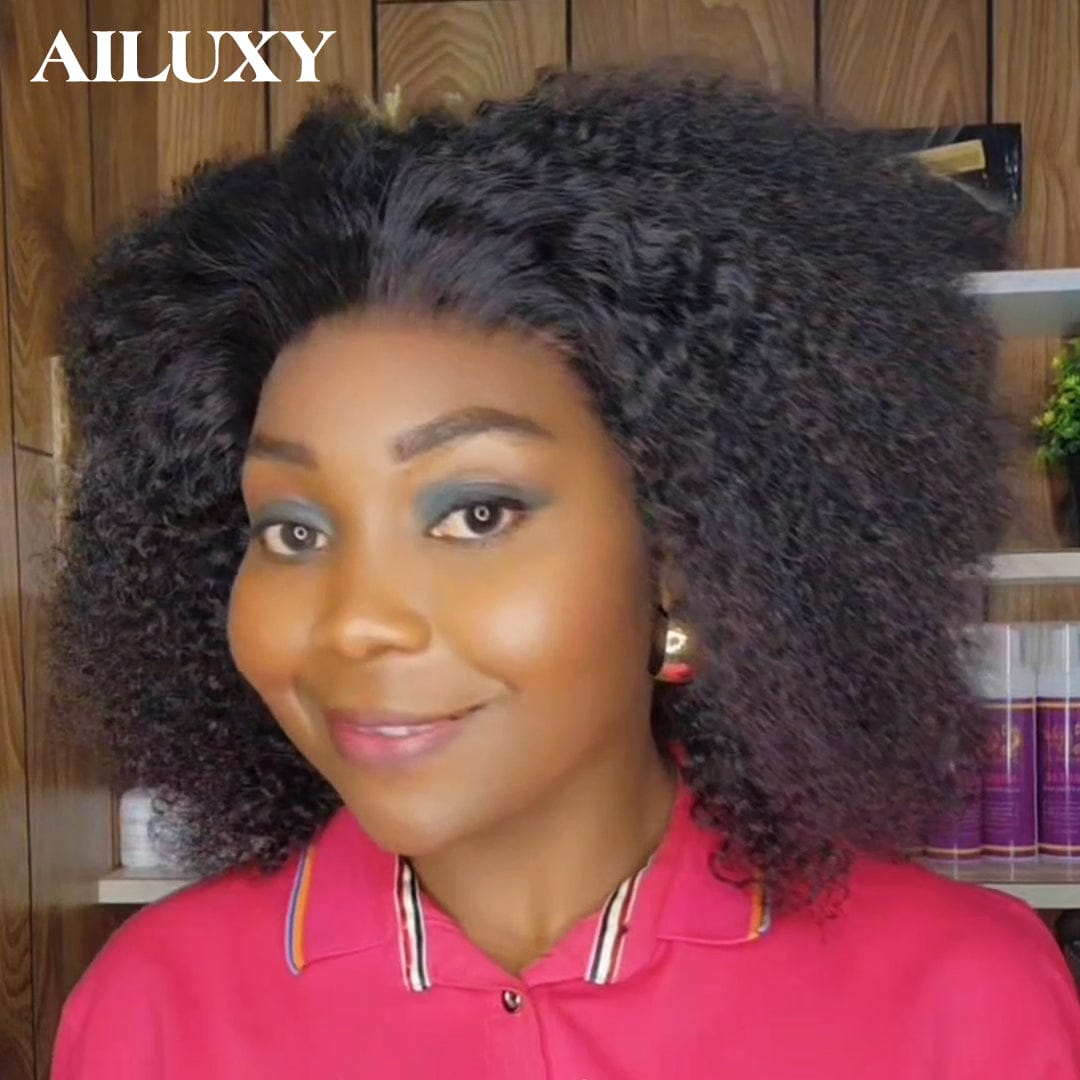 AILUXY Perruques Haute Qualité Kinky Curly Sans Colle 100% Cheveux Humains
