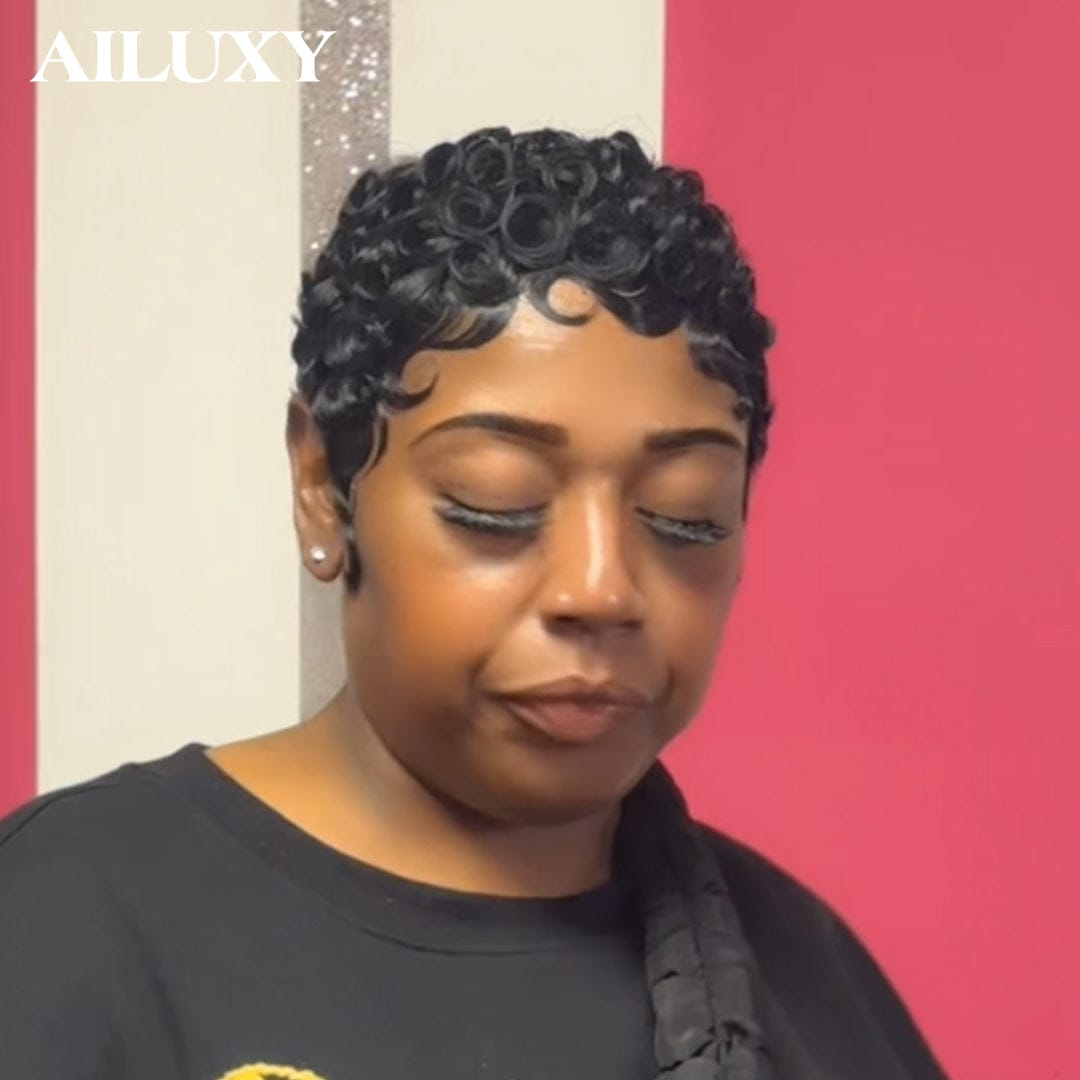 AILUXY Perruque Pixie Finger Wave | Sans Lace, 100% Cheveux Humains, Fabriquée à la Machine