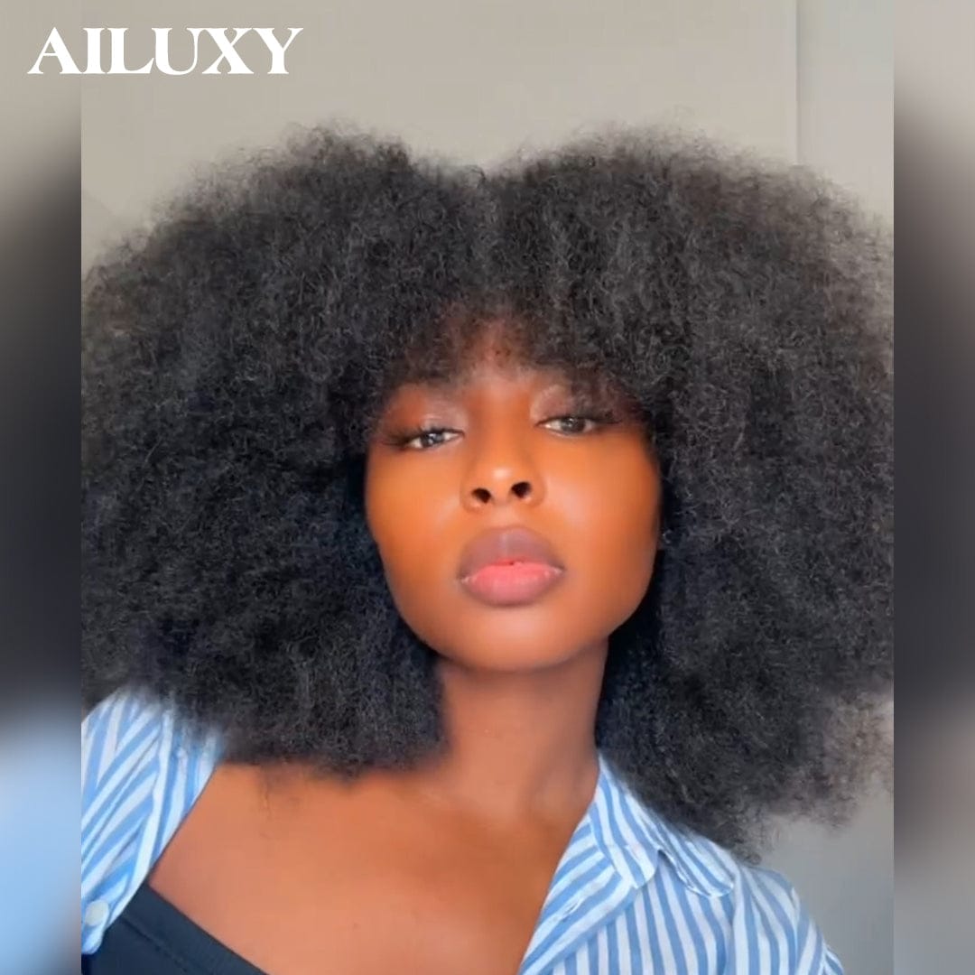AILUXY Perruque Bob Afro Curly Avec Frange 100% Cheveux Humains Densité 300% Sans Colle