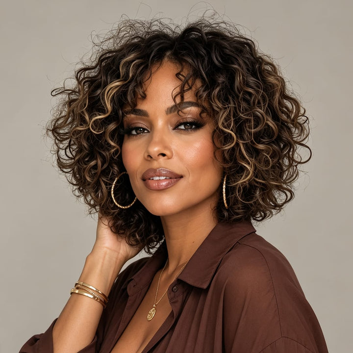 AILUXY Perruque Bob Court Bouclée Balayage Caramel, Boucles Volumineuses Naturelles