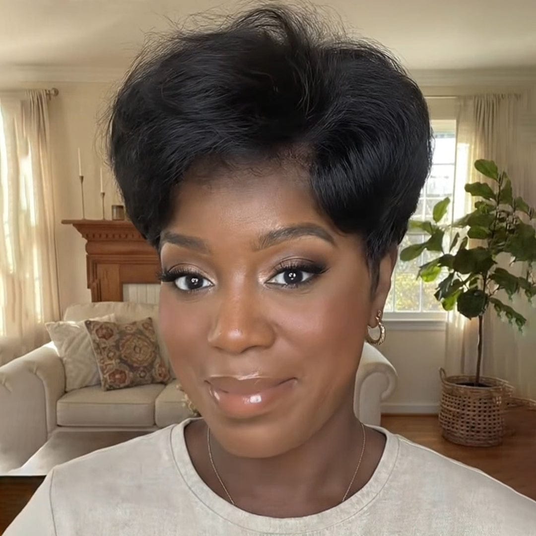 AILUXY Perruque Full Lace Pixie Couleur Naturelle 100% Cheveux Humains Naturels, Identique à l'image, avec un design exclusif.