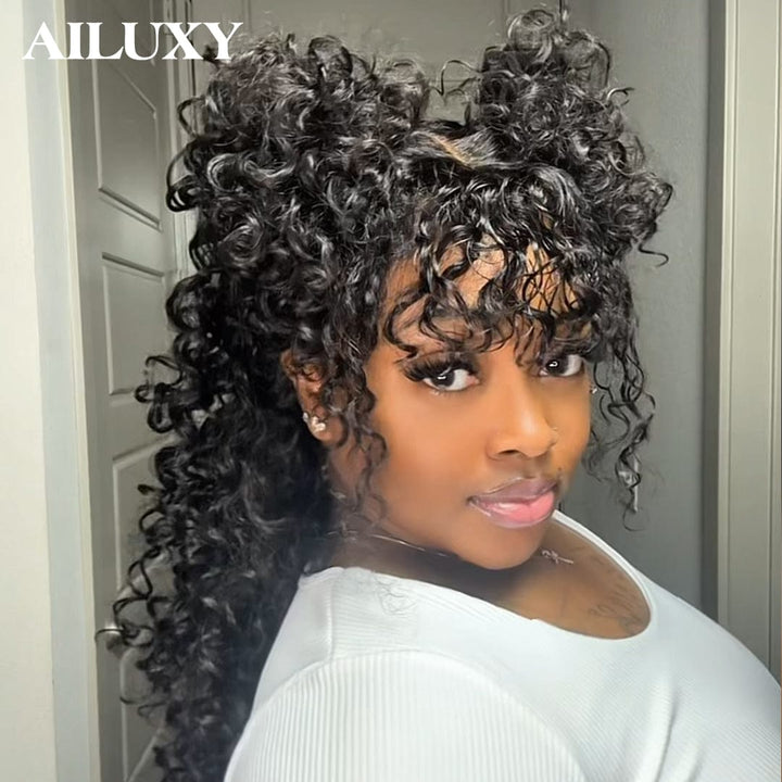 AILUXY Perruque Tressée Curly 4x4 Lace Frontal - 100% Cheveux Humains