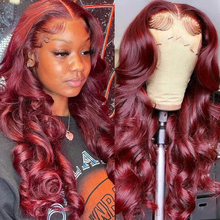 AILUXY 13x4 Lace Frontal 99J Bourgogne Body Wave Longue Perruque 100% Cheveux Humains