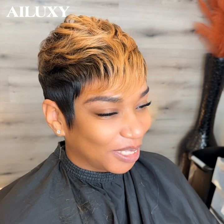 AILUXY Perruque pixie chioma Promotion Fabriqué à la Machine couleur 1B27# en 100% Cheveux Humains
