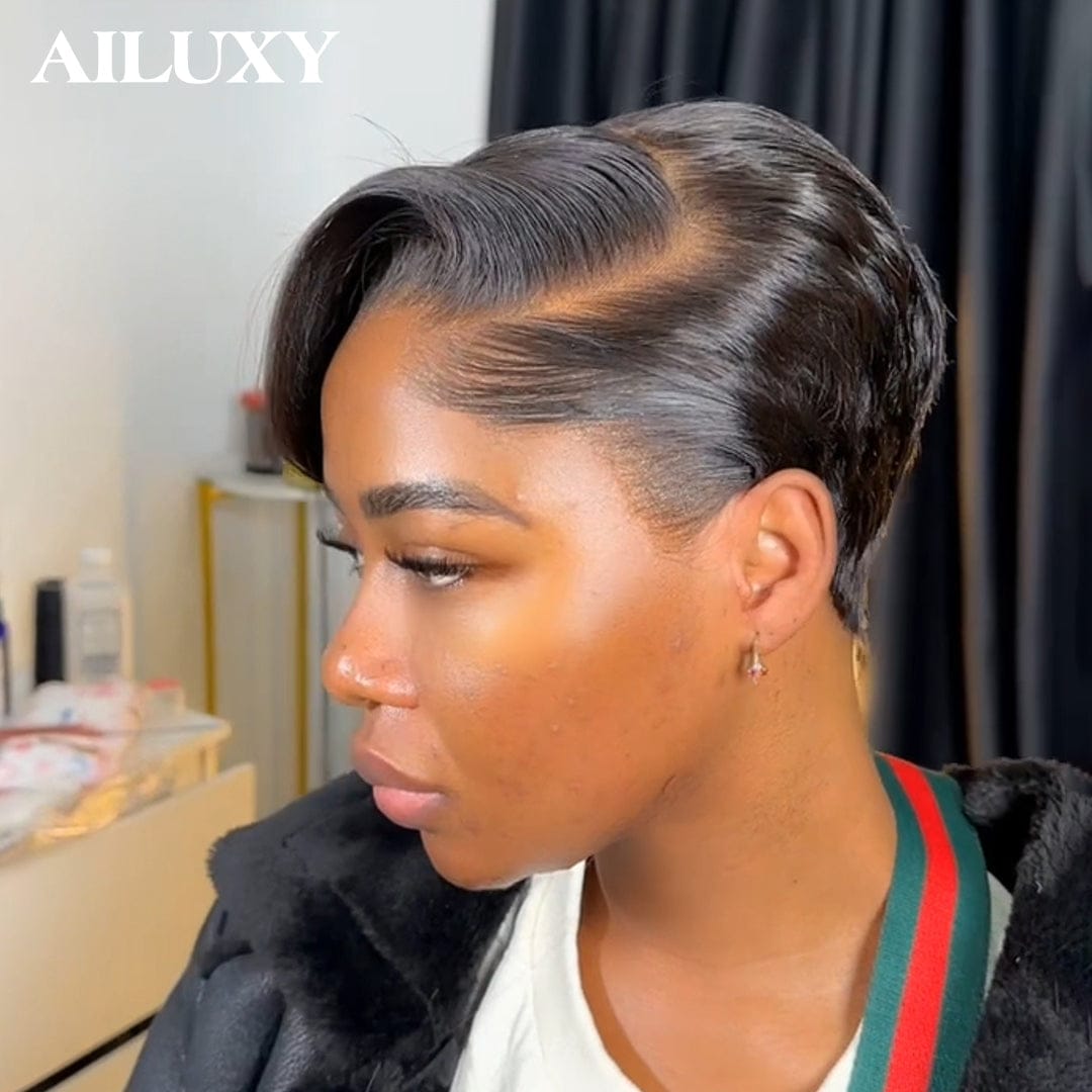 AILUXY Perruque 13×4 Dentelle Pixie Couleur Naturelle 100% Cheveux Humains Naturels, Identique à l'image