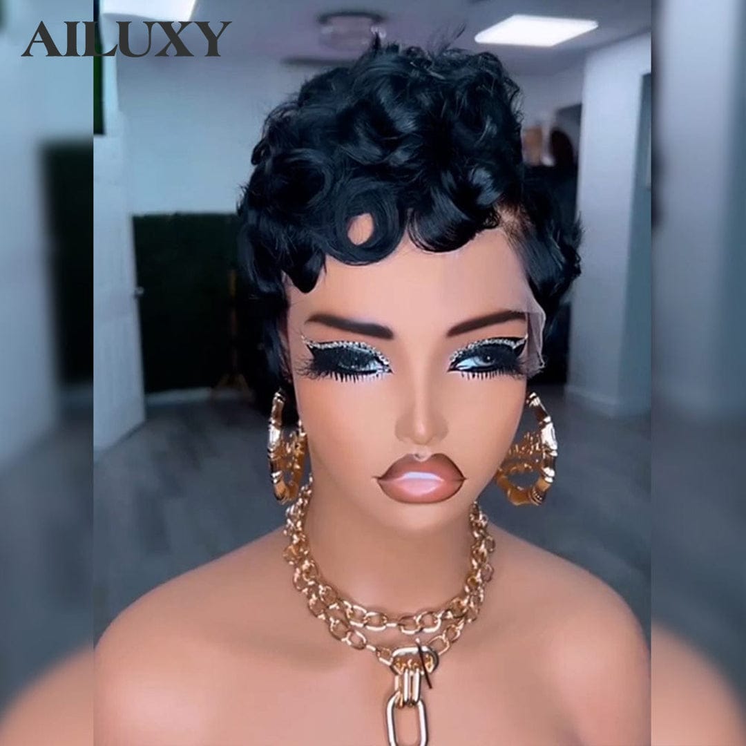 AILUXY Perruque Pixie en dentelle ondulée en soie