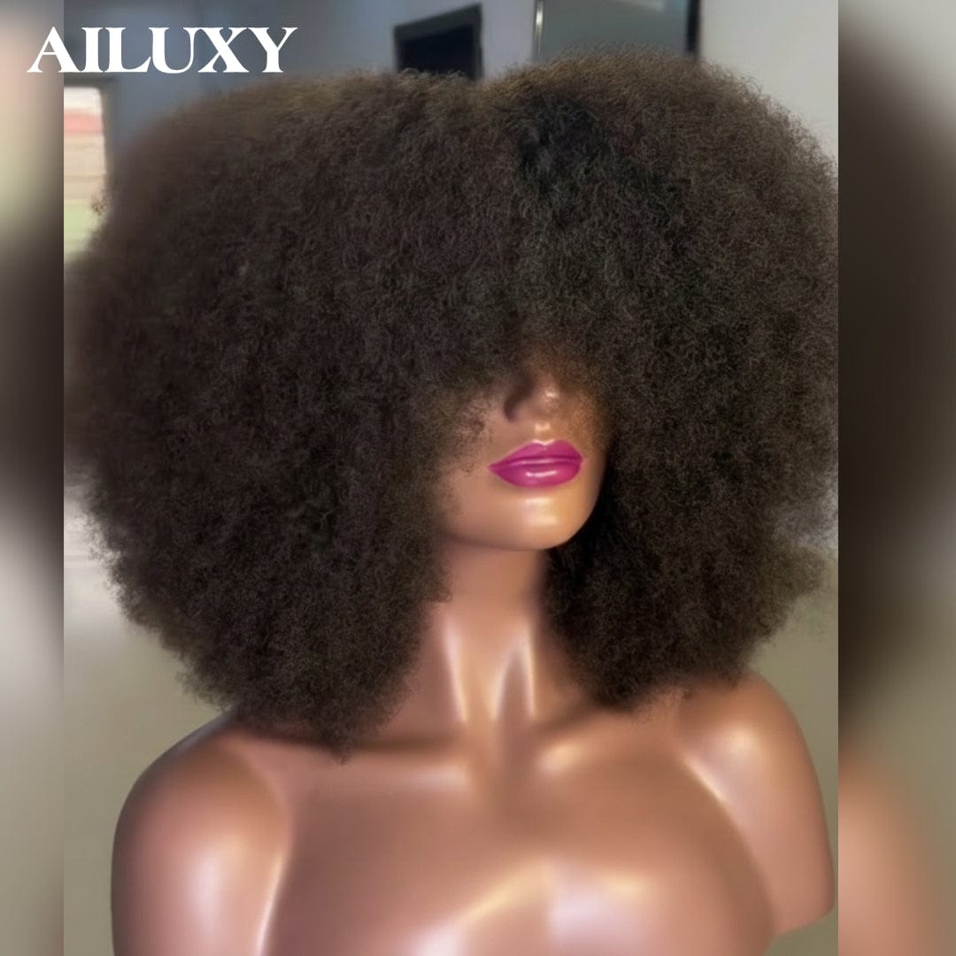 AILUXY Perruque Bob Avec Frange Afro Curly Sans Colle Perruque Couleur Marron
