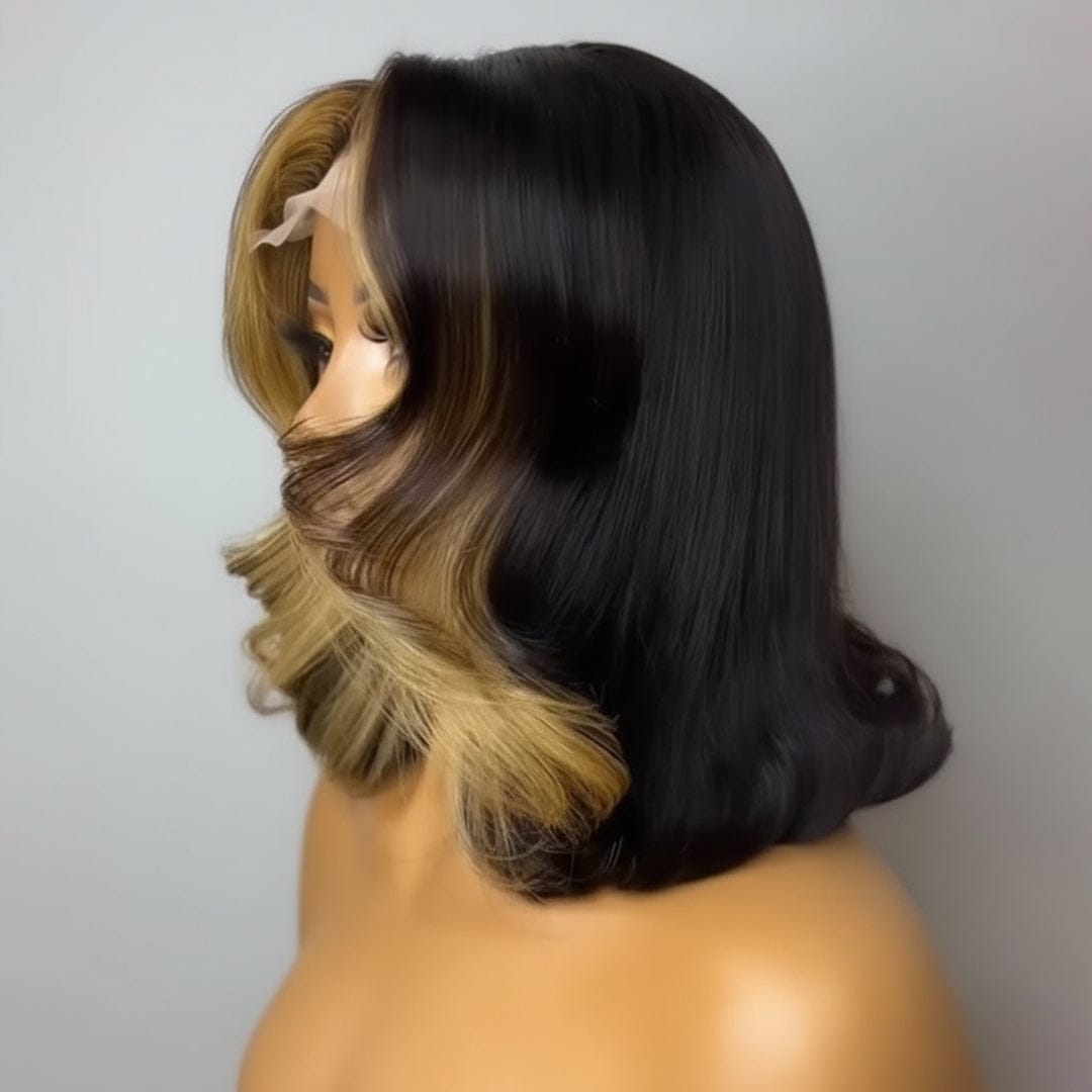 AILUXY Perruque bob en Dentelle Couleur Mèches 100% Cheveux Humains Naturels, Identique à l’image