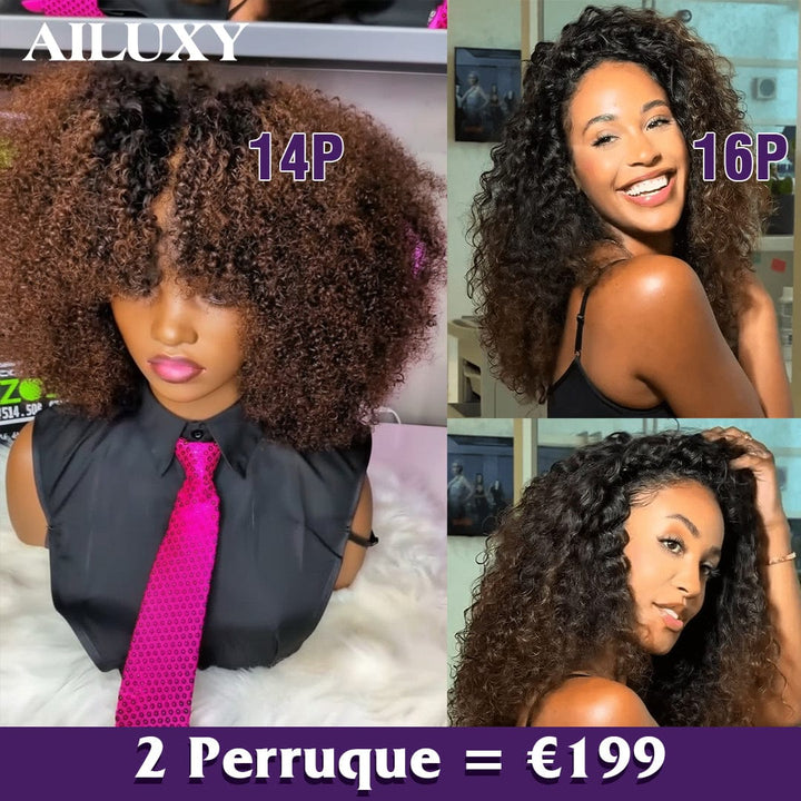 AILUXY 2 Perruques=€199 Perruque afro Curly 300% dedensite 2x6 lace et 13x4 Lace Frontal 1bt4 curly en 100% Cheveux Humains