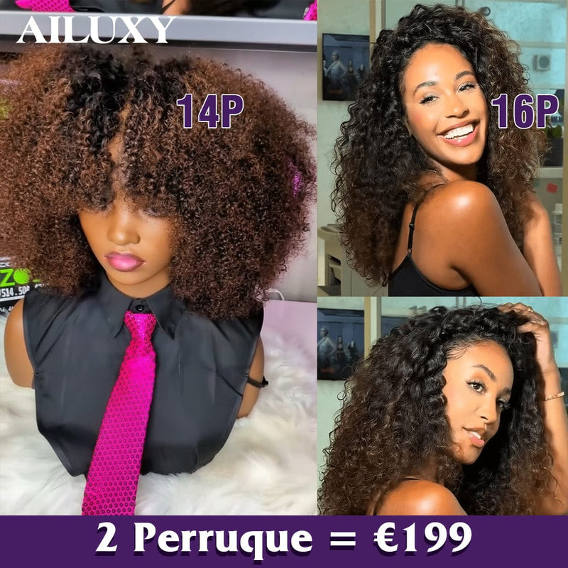 AILUXY 2 Perruques=€199 Perruque afro Curly 300% dedensite 2x6 lace et 13x4 Lace Frontal 1bt4 curly en 100% Cheveux Humains