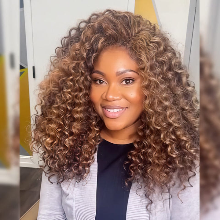 AILUXY 13x4 Lace Frontal Deep Wave Brun Balayage Miel Bob Perruque 100% Cheveux Humains