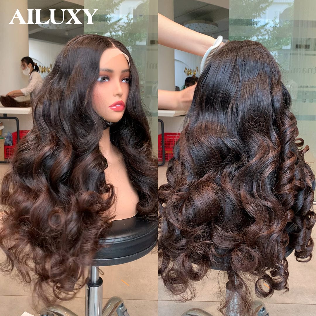 AILUXY Perruque Lace Front 13x4 – Cheveux Humains Ondulés Chocolat, Pose Facile et Confortable