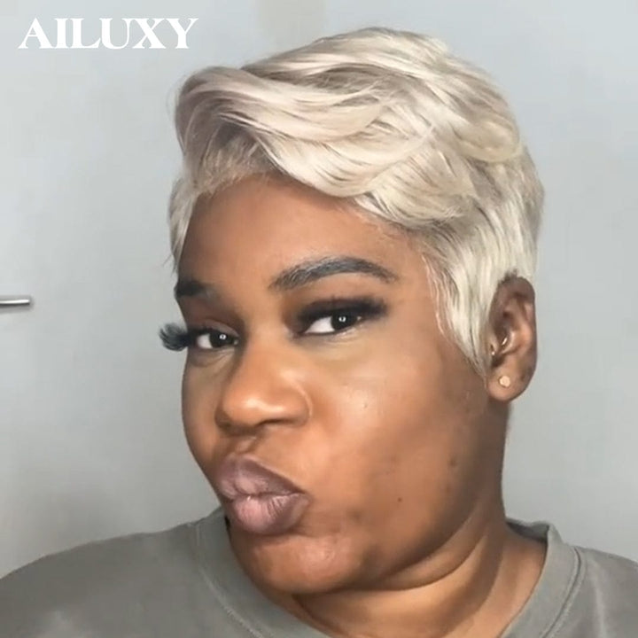 AILUXY Perruque 13x4 Lace Front Naturelle, Cheveux Humains Courts et Doux, Couleur Blond Cendré