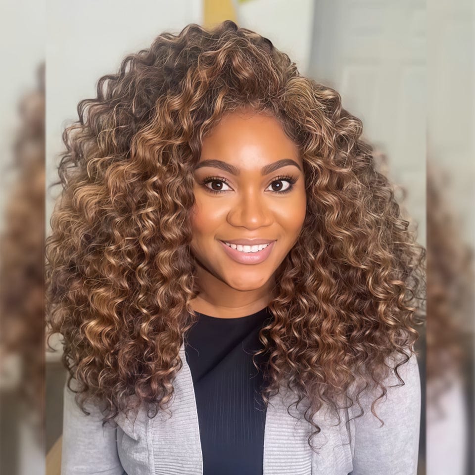 AILUXY 13x4 Lace Frontal Deep Wave Brun Balayage Miel Bob Perruque 100% Cheveux Humains