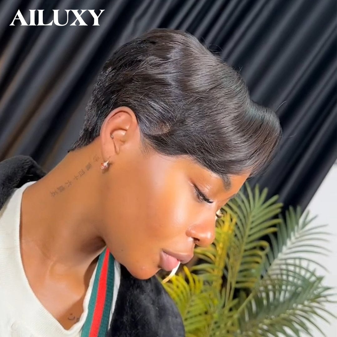 AILUXY Perruque 13×4 Dentelle Pixie Couleur Naturelle 100% Cheveux Humains Naturels, Identique à l'image