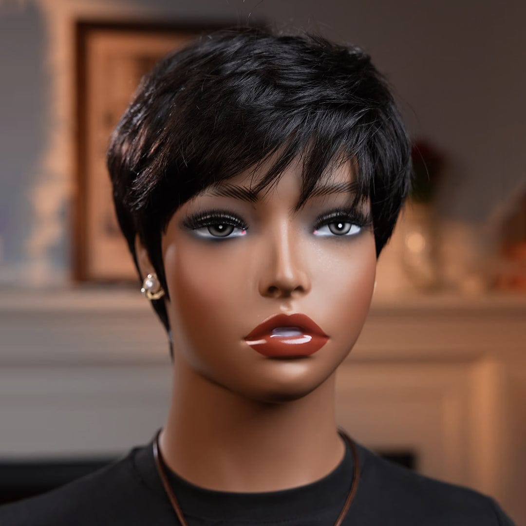 AILUXY Perruque courts personnalisés - Tête mécanique sans colle 100% Cheveux Humains