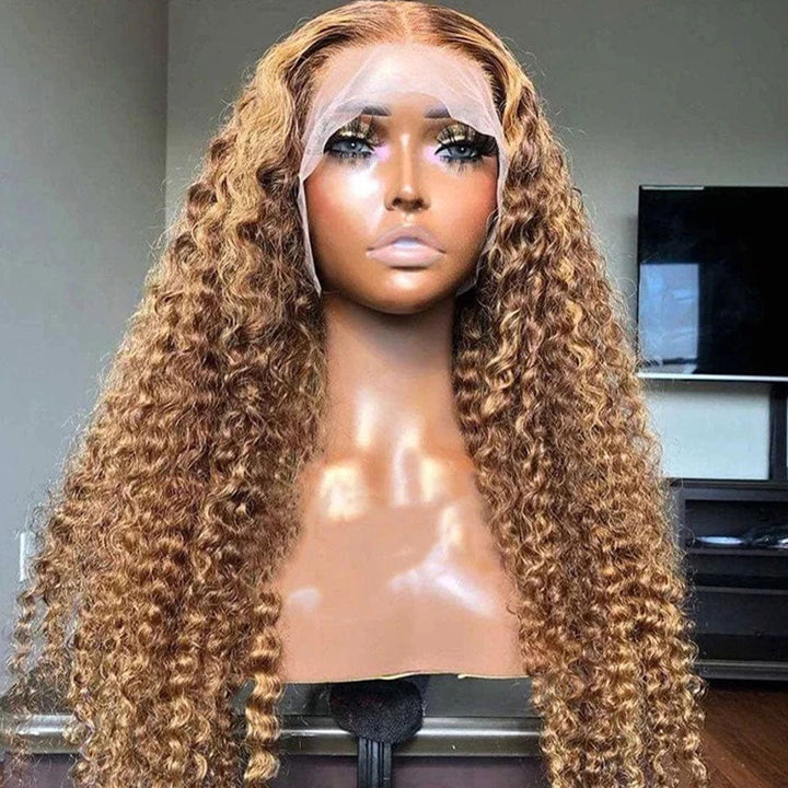(Dernier Prix) AILUXY 13x4 Lace Frontal Brun Aux Reflets Blonds Bouclé Longue Perruque 100% Cheveux Humains Densité 200%