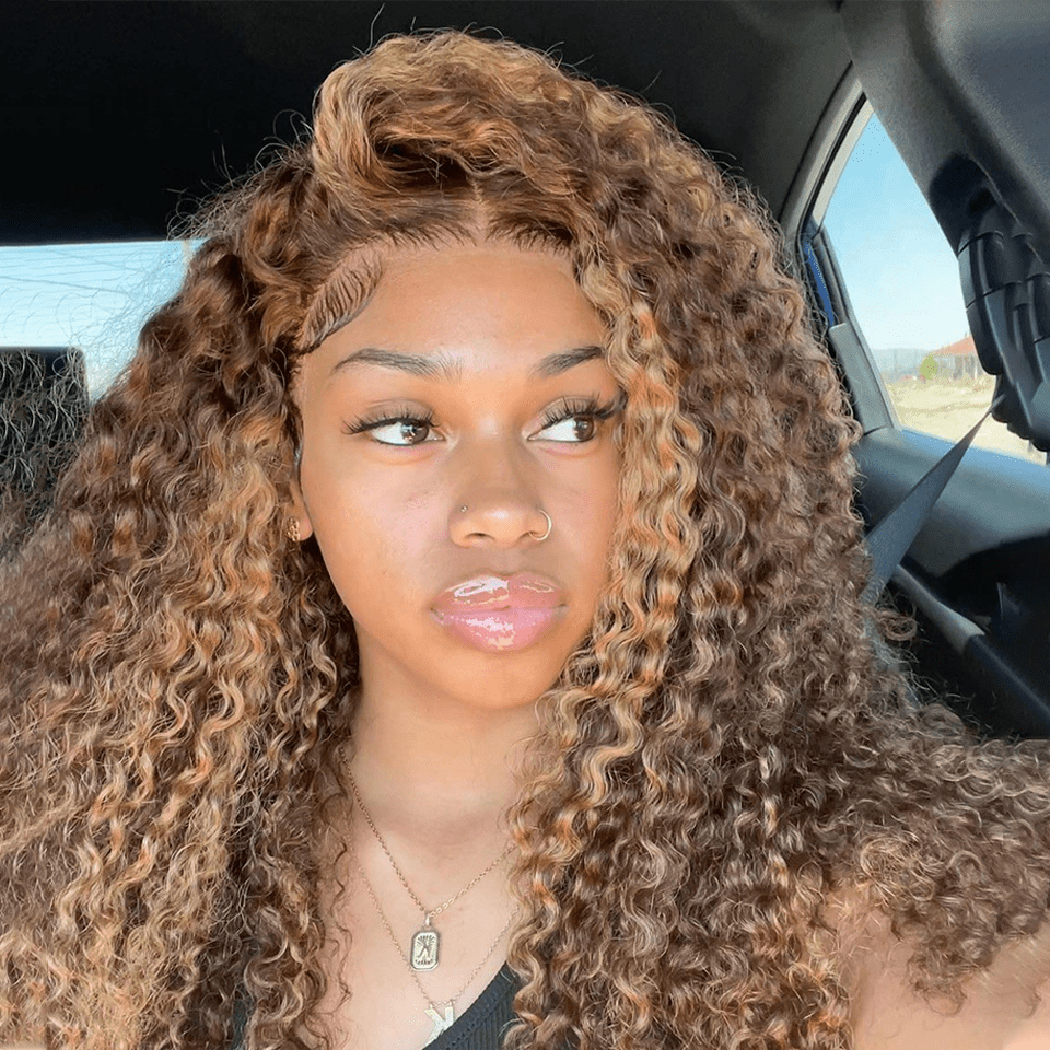 (Dernier Prix) AILUXY 13x4 Lace Frontal Brun Aux Reflets Blonds Bouclé Longue Perruque 100% Cheveux Humains Densité 200%