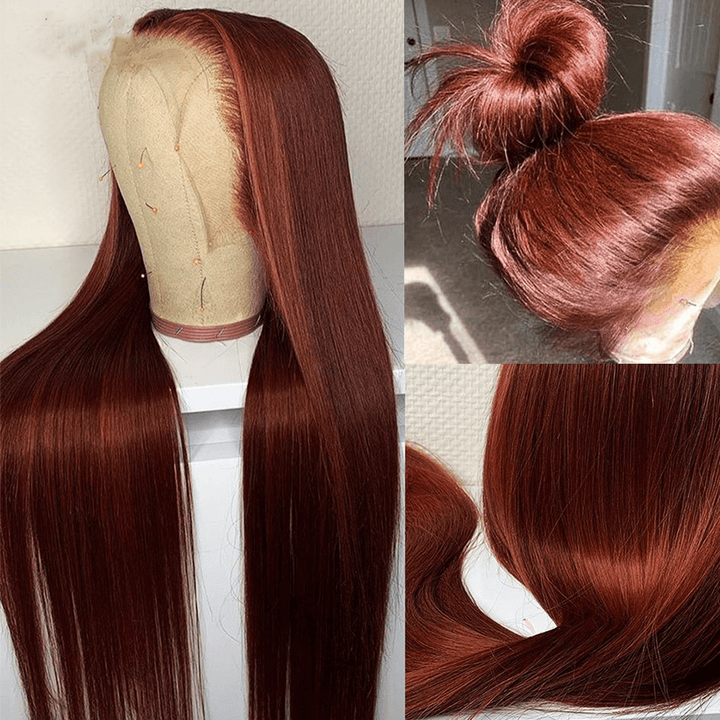 AILUXY 13x4 Lace Frontal Lisse Longue Brun Cuivré Perruque 100% Cheveux Humains