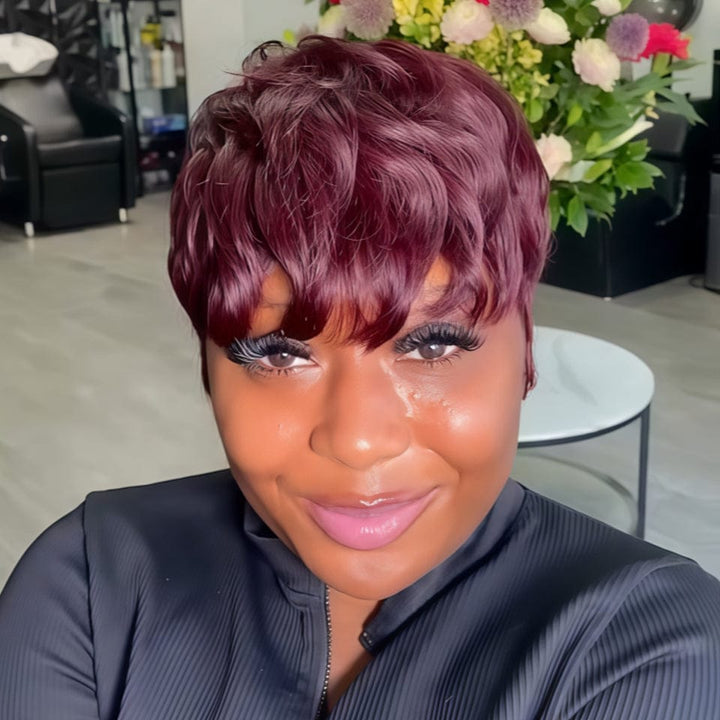 AILUXY Lisse Raisin Violet Courte Pixie Cut Perruque Fabriquée à la machine 100% Cheveux Humains 2.0