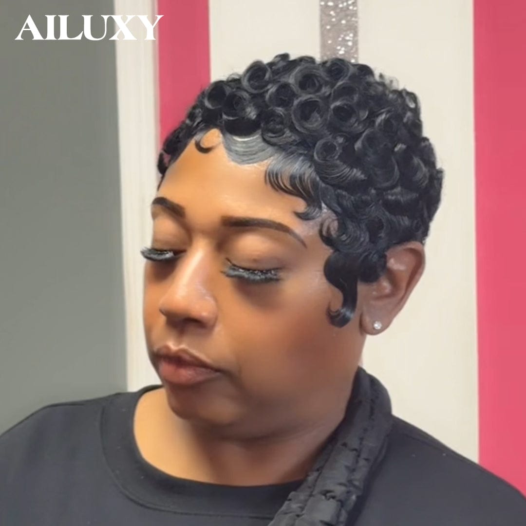 AILUXY Perruque Pixie Finger Wave | Sans Lace, 100% Cheveux Humains, Fabriquée à la Machine