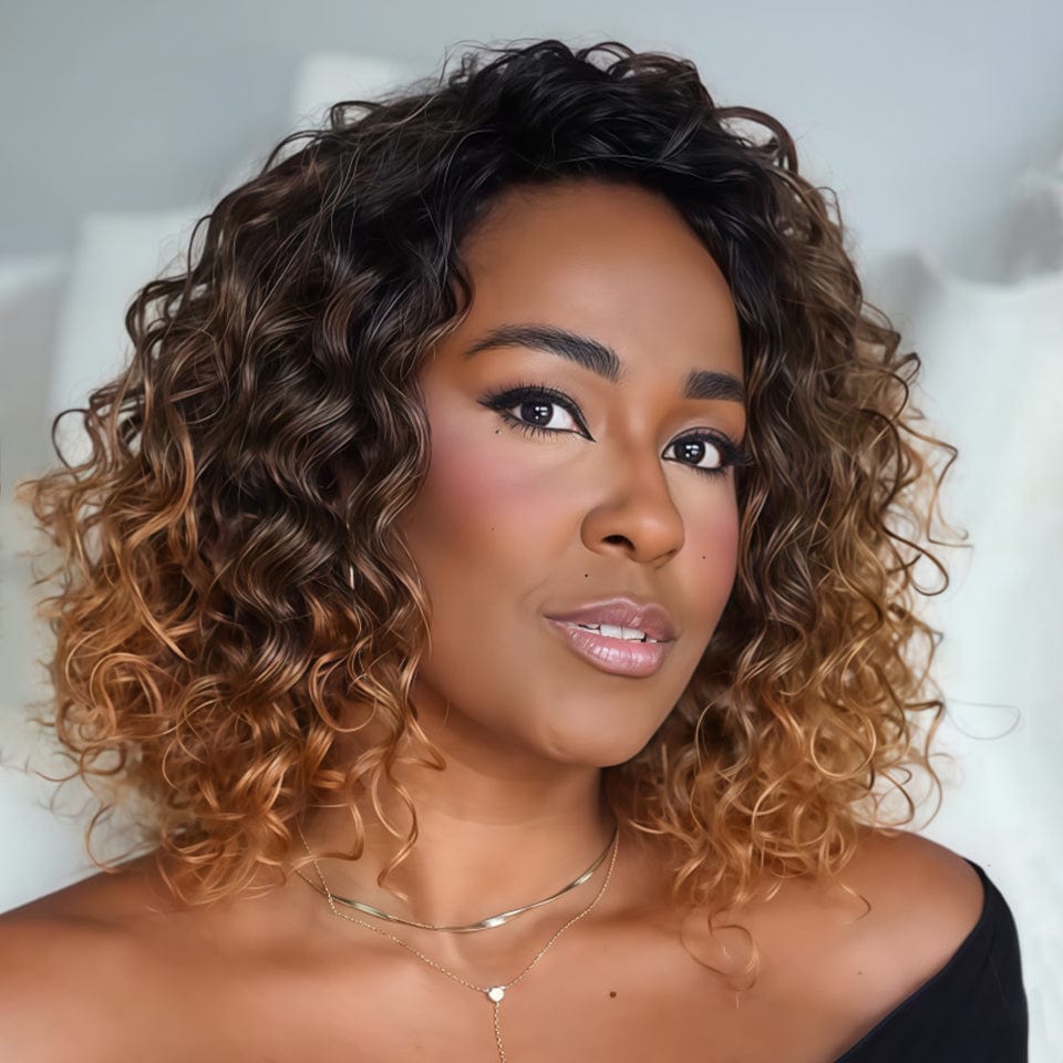 Ailuxy Glueless Couleur Blond Foncé Doré Ombré Perruque Sans Colle Bouclé Bob 2.0