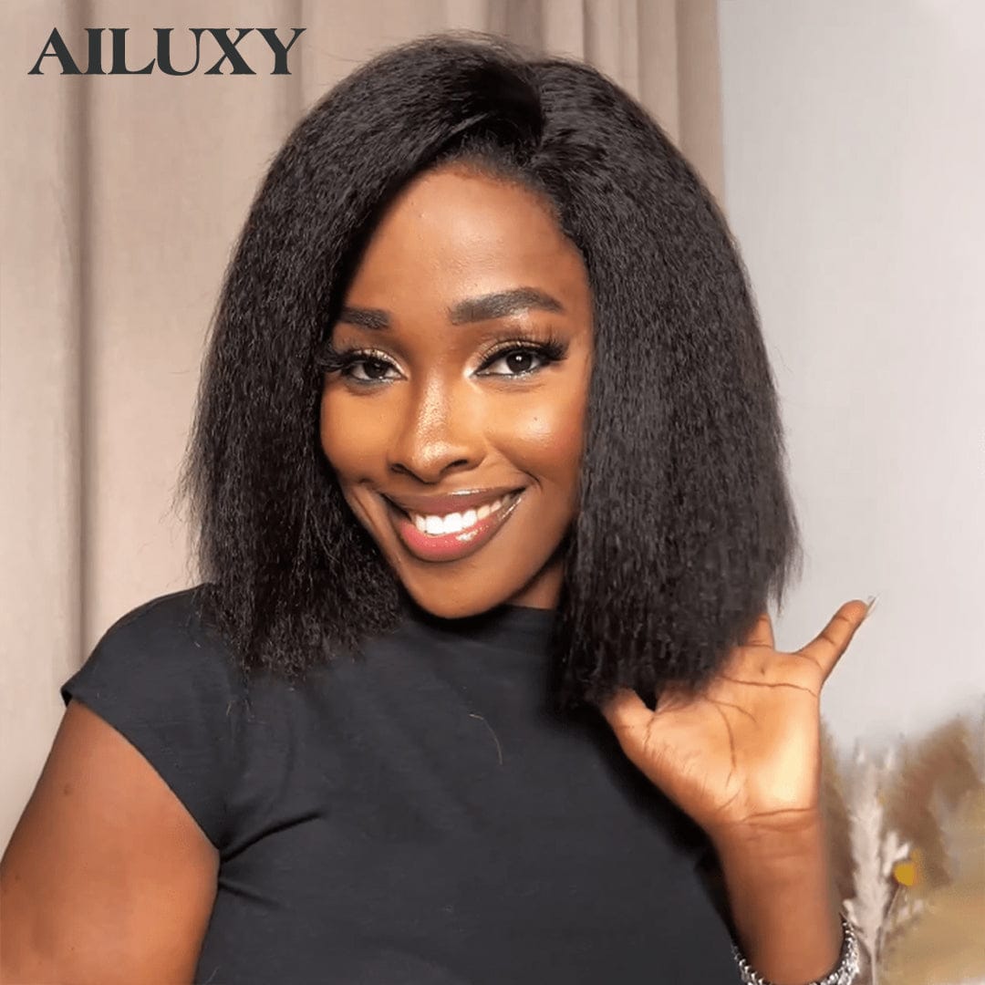 Sans colle AILUXY 13x4 Lace Frontal Kinky Lisse Noir Bob Perruque 200% Densité 100% Cheveux Humains