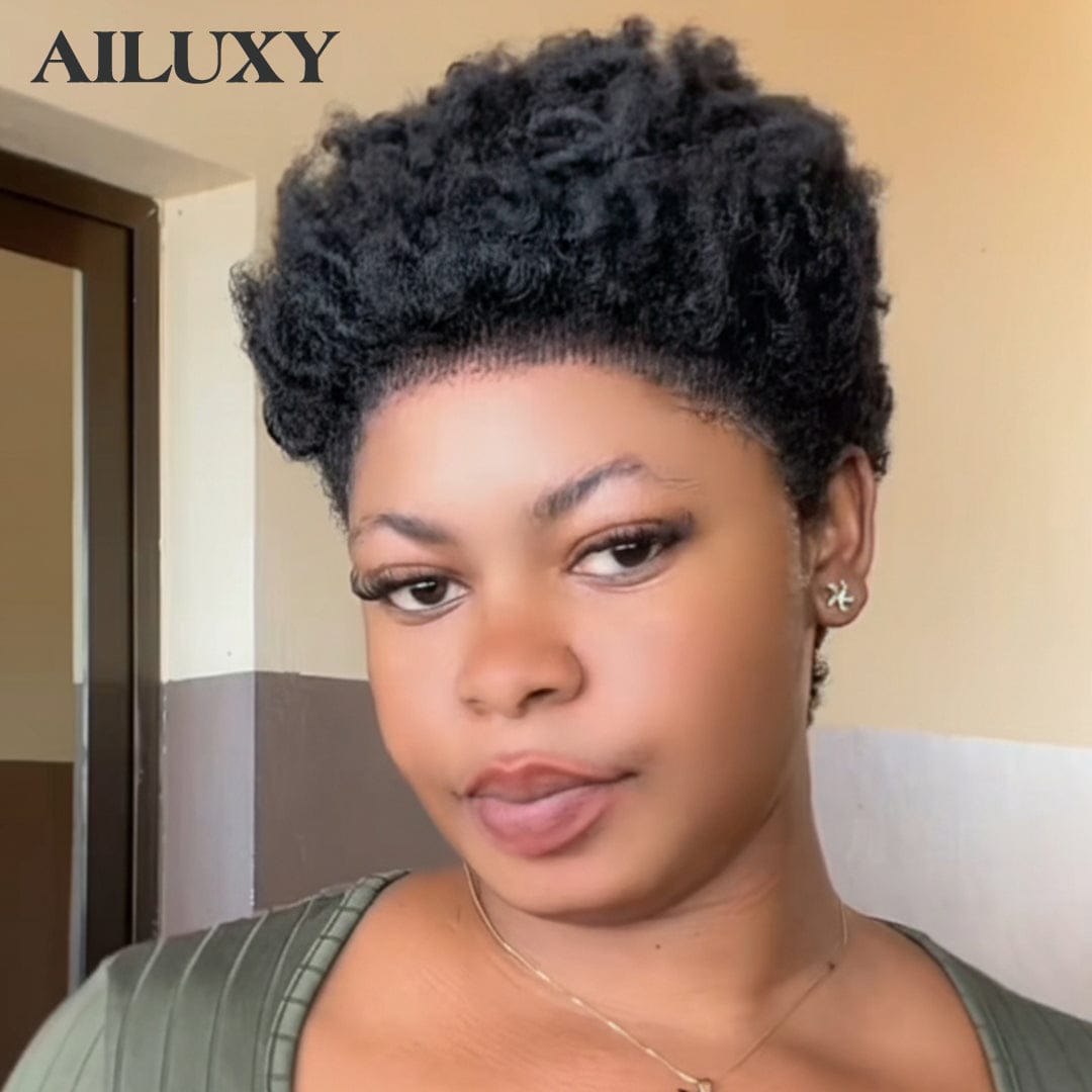 AILUXY Perruque Afro Curl Lace Sans Colle 100% Cheveux Humains