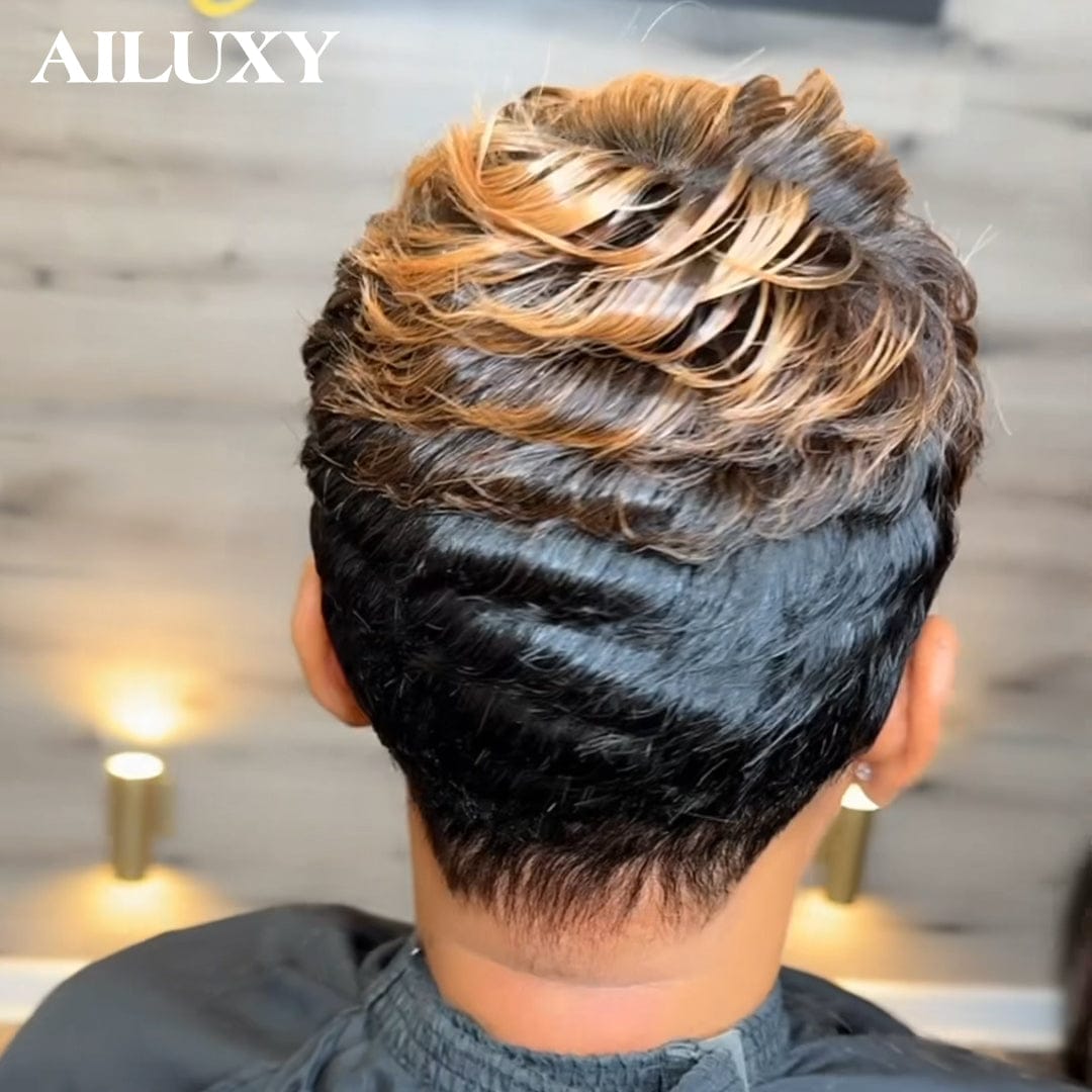 AILUXY Perruque pixie chioma Promotion Fabriqué à la Machine couleur 1B27# en 100% Cheveux Humains