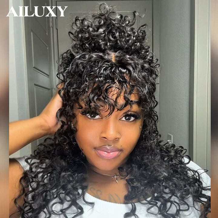 AILUXY Perruque Tressée Curly 4x4 Lace Frontal - 100% Cheveux Humains