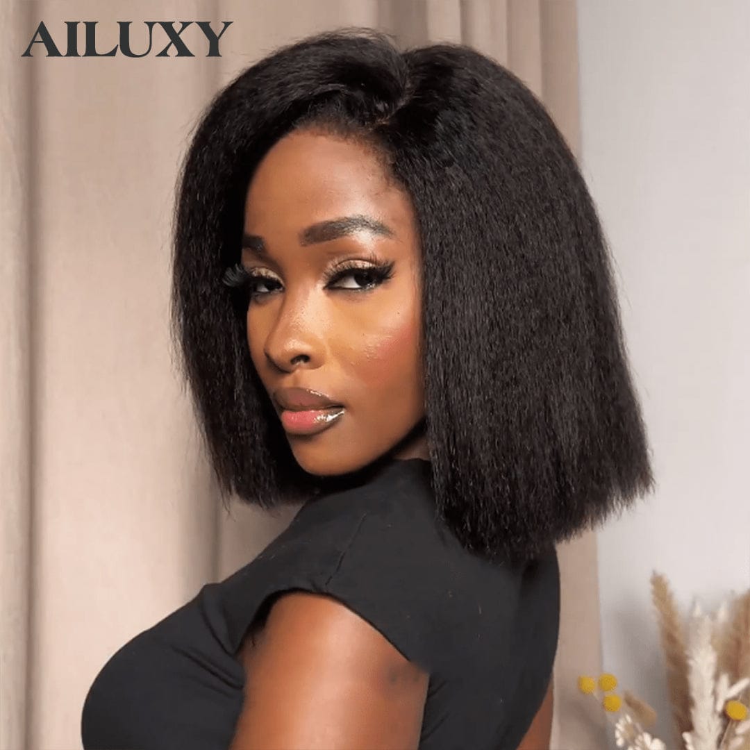 Sans colle AILUXY 13x4 Lace Frontal Kinky Lisse Noir Bob Perruque 200% Densité 100% Cheveux Humains