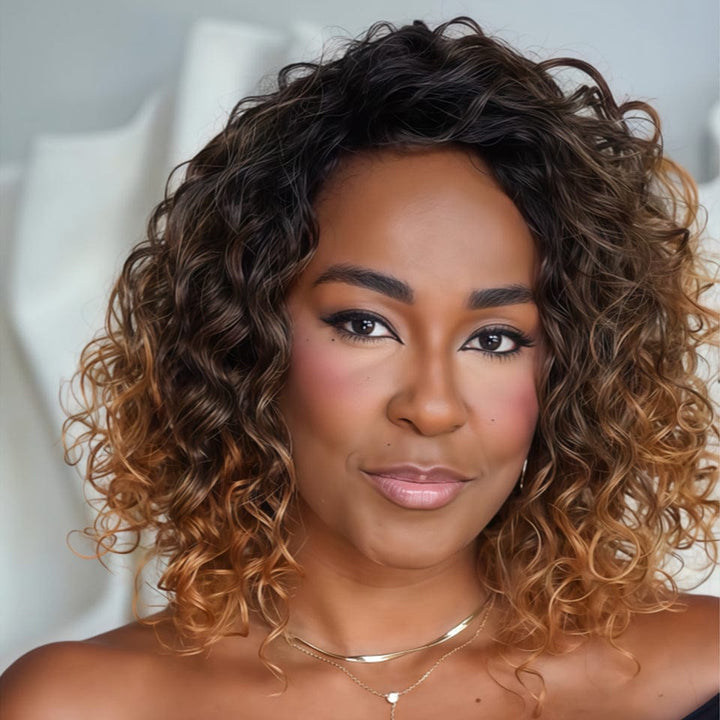 Ailuxy Glueless Couleur Blond Foncé Doré Ombré Perruque Sans Colle Bouclé Bob 2.0