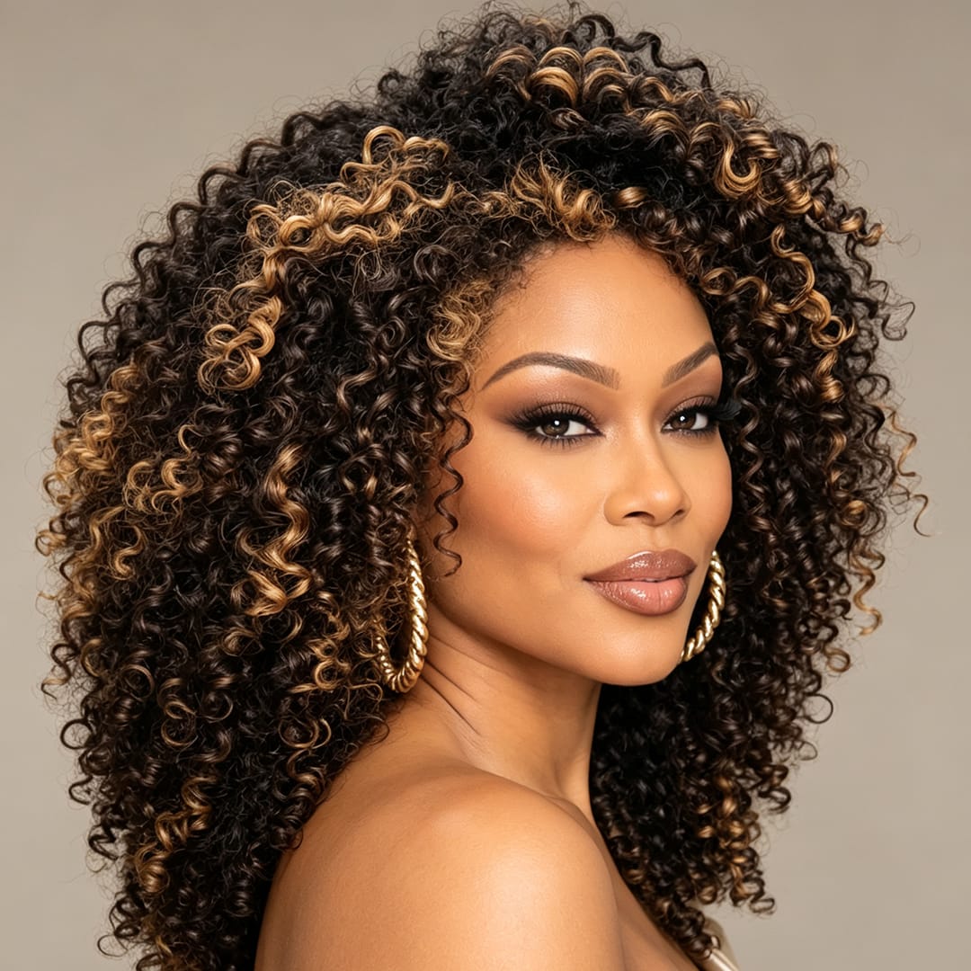 AILUXY Perruque Lace 13x4 Afro Bouclée Volume Mèches Caramel Balayage, Boucles Serrées Naturelles