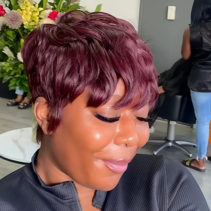 AILUXY Lisse Raisin Violet Courte Pixie Cut Perruque Fabriquée à la machine 100% Cheveux Humains 2.0