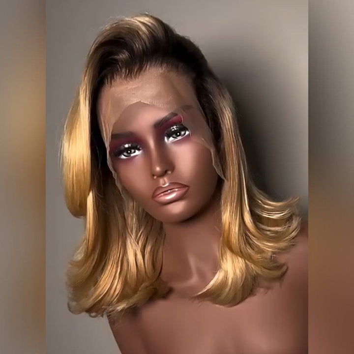 AILUXY 13x4 Lace Frontal Blond Avec Racine Marron Bob 200% densité 100% Cheveux Humains 2.0