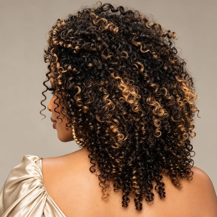 AILUXY Perruque Lace 13x4 Afro Bouclée Volume Mèches Caramel Balayage, Boucles Serrées Naturelles
