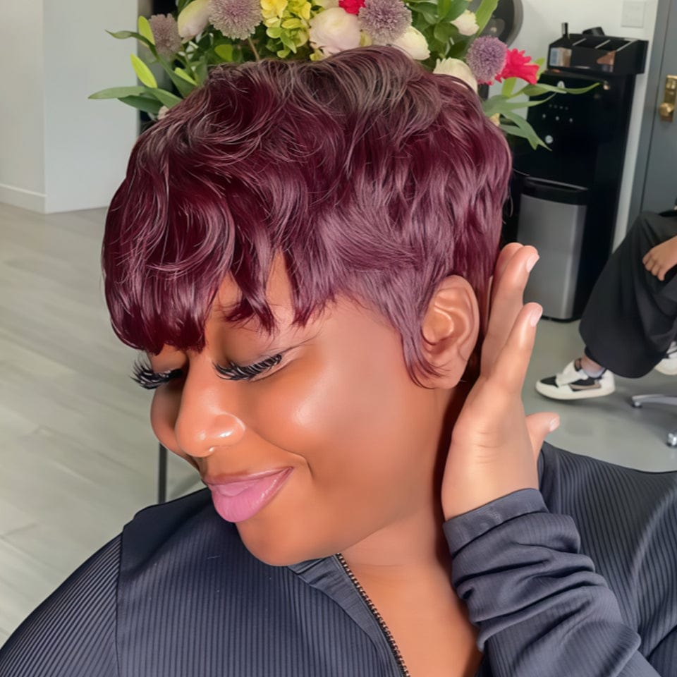 AILUXY Lisse Raisin Violet Courte Pixie Cut Perruque Fabriquée à la machine 100% Cheveux Humains 2.0