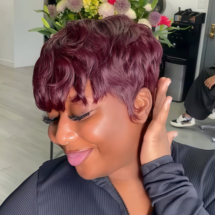 AILUXY Lisse Raisin Violet Courte Pixie Cut Perruque Fabriquée à la machine 100% Cheveux Humains 2.0