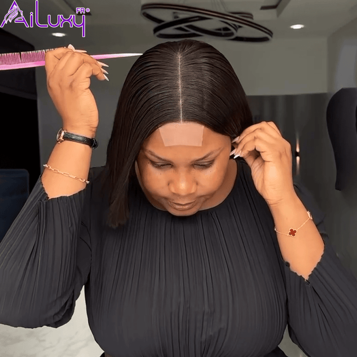 AILUXY V Part Lace Perruque Lisse Noir Mi-longue Perruque 100% Cheveux Humains