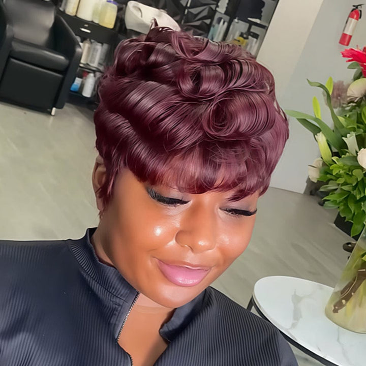 AILUXY Lisse Raisin Violet Courte Pixie Cut Perruque Fabriquée à la machine 100% Cheveux Humains 2.0