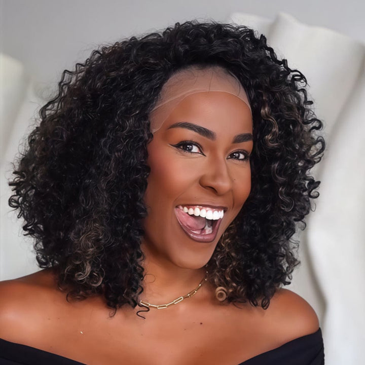 AILUXY  13x4 Lace Frontal curly Perruque Court et Frisé Boucles romantiques Teinture des mèches 2.0