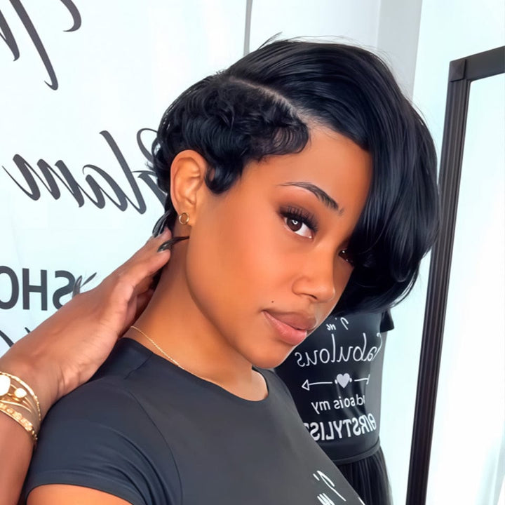 AILUXY Perruque courte Pixie Cut 13X4 à demi-dentelle avec fermeture 4.0