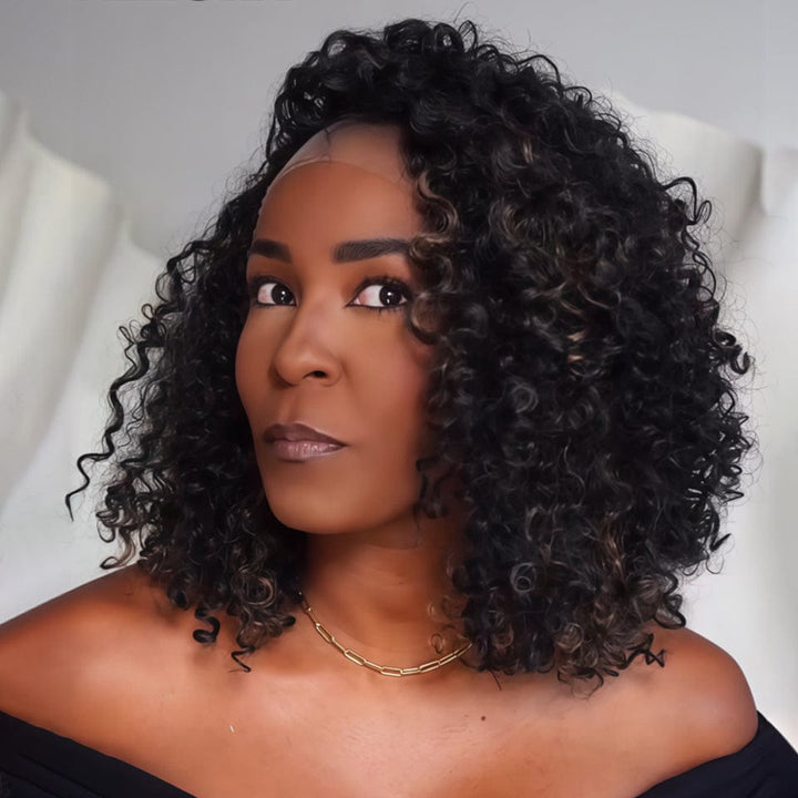 AILUXY  13x4 Lace Frontal curly Perruque Court et Frisé Boucles romantiques Teinture des mèches 2.0