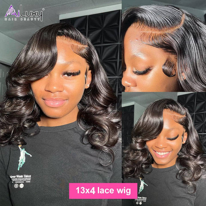AILUXY 13x4 Lace Frontal Perruque Courte Body Wave Bob Perruque Couleur Naturelle 250% densité 100% cheveux humains