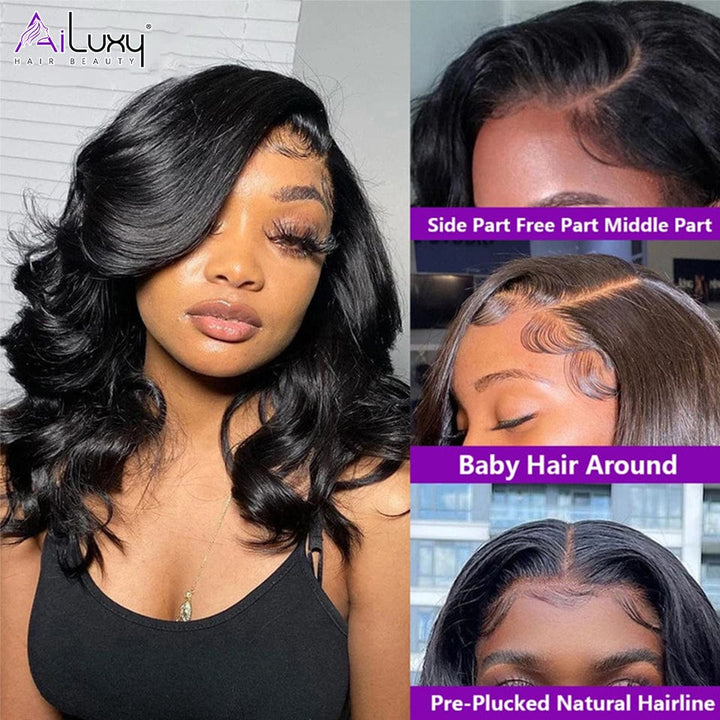 AILUXY 13x4 Lace Frontal Perruque Courte Body Wave Bob Perruque Couleur Naturelle 250% densité 100% cheveux humains