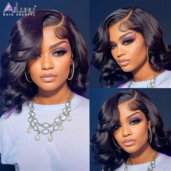 AILUXY 13x4 Lace Frontal Perruque Courte Body Wave Bob Perruque Couleur Naturelle 250% densité 100% cheveux humains