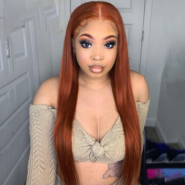 Ailuxy 13x4 Lace Frontal Roux Lisse Longue Perruque 100% Cheveux Humains
