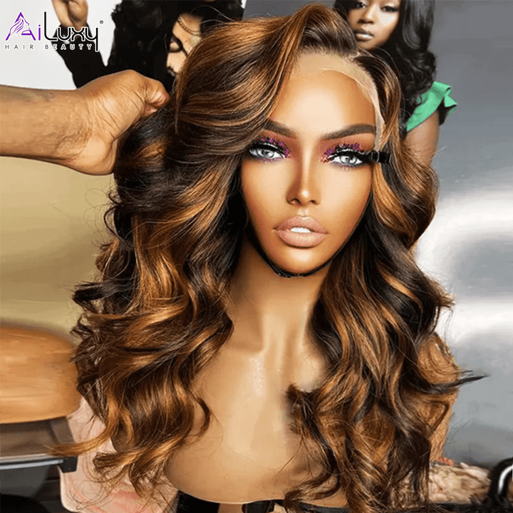 ailuxyhair-fr 18(En france) (Dernier Prix) AILUXY 13x4 Lace Frontal Body Wave Longue Brun Balayage Miel #4#27 Perruque 100% Cheveux Humains