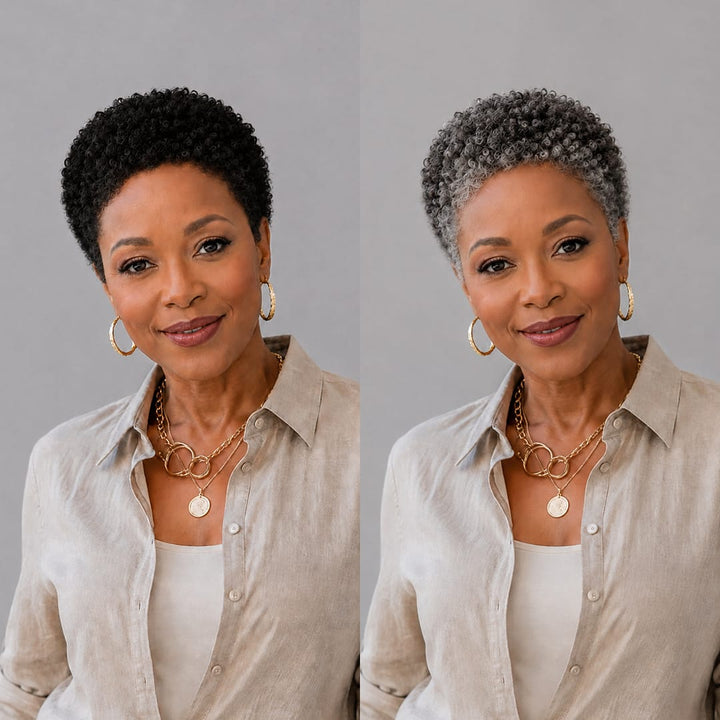 ailuxyhair-fr 2 perruques Ailuxy Perruque pixie courte bouclée | Noir ou gris argenté, style très naturel